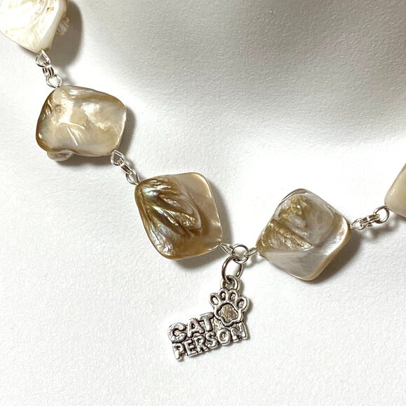 Irregular Mother of Pearl Shell beads + Cat Person Paw Print Pendant Necklace - Picture 1 of 12